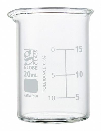 GLOBE SCIENTIFIC Beaker: 20 mL, 0.67 fl oz, A, Low Form, Type I, White - Color Coded Low Form Glass Beakers