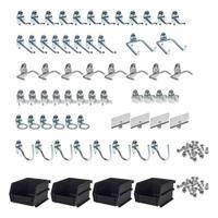 TRITON PRODUCTS Hooks and Hanging Bins: 1/4 in_1/8 in Peg Hole, For 1 in Pegboard Hole Spacing (MPN 76964). Key specifications — Finish: Zinc-Plated; Color: Silver; For Tool Type: Multiple; Includes: (12) 1 in Single Rod 30 Degrees Bends, (2) 2-3/4 in Double Rod 80 Degrees Bends, (4) Bin Clips, (4) Standard Spring Clips, (8) 2-1/2 in Single Rod 30 Degrees Bends, (8) Extended Spring Clips, (8) Pliers/Wrench Holders; Locking System: Screw-In; Mounting Type: Surface; Material: Steel; Accessory Type: Hook and Bin Assortment Kit.