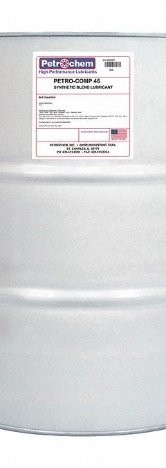PETROCHEM Compressor Oil: 55 gal, Drum, 15 SAE Grade, 46 ISO Viscosity Grade, 97 Viscosity Index (MPN PETRO-COMP 46-055). Key specifications — attr59744: 97; attr59746: 46; attr59736: No; attr59735: Drum; attr59738: Petro-Comp; attr59749: 15.