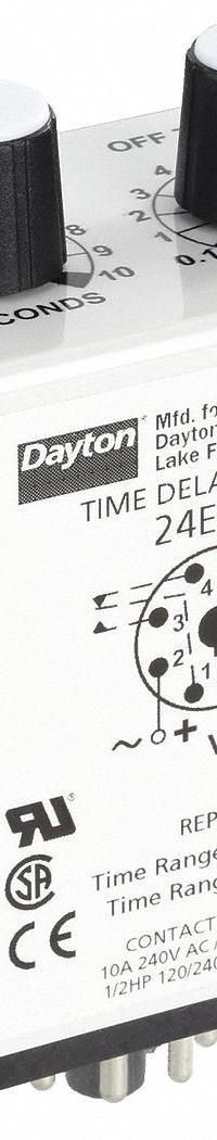 DAYTON Single Function Time Delay Relay: Socket Mounted, 24V AC/DC, 10 A, 8 Pins/Terminals (MPN 24EP31). Key specifications — Brand: DAYTON.