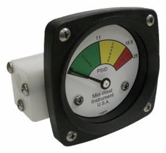 MIDWEST INSTRUMENT 3-Color Differential Pressure Indicator: 1,000 psig Max. Static Pressure, 522 (MPN 522P-025V). Key specifications — Brand: MIDWEST INSTRUMENT; Accuracy: ±5% of Full Scale; Sensor Material: Viton; Housing Material: Acetal Plastic; Transition Points: 0 psid to 11 psid (Green) / 11 psid to 18.5 psid (Yellow) / 18.5 psid to 25 psid (Red).