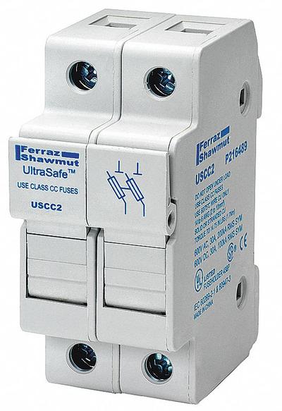 MERSEN Fuse Block: Finger-Safe, 2 Pole, 600 V AC, DIN Rail Mounting - UL Class CC Fuse Blocks