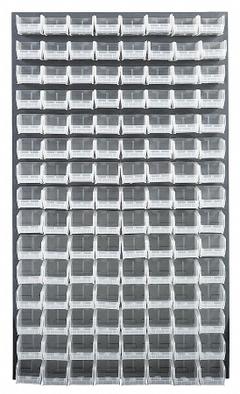 QUANTUM STORAGE SYSTEMS Louvered Panel: 61 in x 36 in x 1 in, 1 Sides, 120 Bins, Gray (MPN QLP-3661-220-120CL). Key specifications — Bin Style: Hang and Stack; Color: Gray; Bin Color: Clear; Finish: Powder Coated; Brand: QUANTUM STORAGE SYSTEMS.
