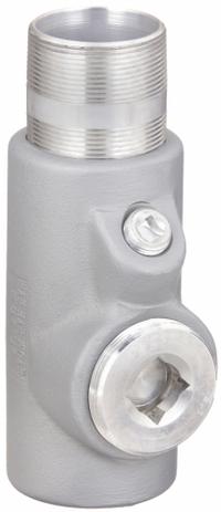 Sealing Fitting - Vertical and Horizontal: Aluminum, 2 in Trade Size, Male to Female (MPN EYM-200AL). Key specifications — Brand: APPLETON ELECTRIC; Finish: Powder Coated; Connection Type: Threaded; Thread Gender: Male to Female; Ends - Hazardous Fittings: 2 in FNPT x 2 in MNPT; Material: Aluminum; Hazardous Location Rating: Class II, Division 1 and 2, Groups E, F, G; Thread Type: NPT.