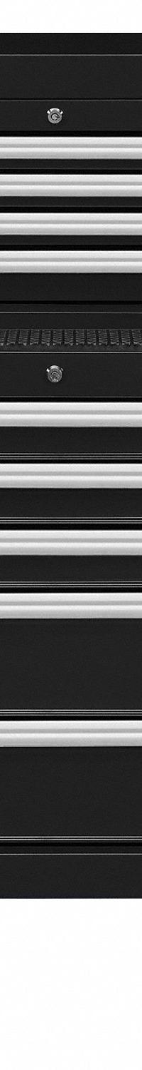WESTWARD Tool Chest and Cabinet Combination: 9 Drawers, Light Duty, Keyed, Black / Powder Coated (MPN 7CX98). Key specifications — attr1116680: Black; attr1116684: Ball Bearing; attr1116690: WESTWARD; attr1116659: Keyed; attr1116661: Top Chest 26 in W x 16-1/2 in D x 18-1/2 in H.