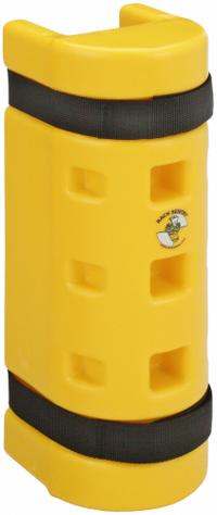 RACK SENTRY Pallet Rack Guard: Strap-On, On Upright, 4 in x 6 1/4 in x 18 in, Thermoplastic, Yellow (MPN RS100). Key specifications — Brand: RACK SENTRY; Mounting Location: On Upright; Includes: (2) Straps; Color: Yellow; Material: Thermoplastic.