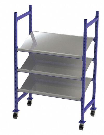 UNEX FLOW CELL Gravity Flow Rack: 52 in x 28 in x 72 in, Tilt, 3 Shelves - Tilted Solid-Deck Bolted Mobile Flow Racks