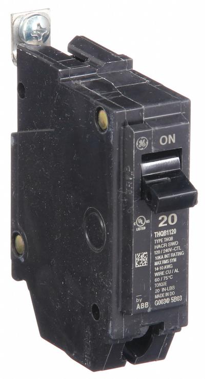 GE Miniature Circuit Breaker: THQB, 20 A, 120/240V AC, Single Phase, 10kA at 120/240V AC - THQB & THHQB Series, Bolt-On GE Miniature Circuit Breakers