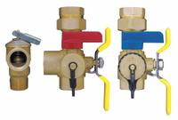 WEBSTONE Tankless Water Heater Service Valve: 3/4 in, Brass, 150 psi Max. Op Pressure, FIP x FIP (MPN 44443WPR). Key specifications — Brand: WEBSTONE; Handle Material: Steel; Includes: Hi-Flow Hose Drains.