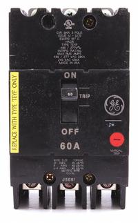 GE Molded Case Circuit Breaker: 60 A Amps, 18kA at 277/480V AC, Fixed, Lug, ABC (MPN TEYF360). Key specifications — Series: TEY; Max. AIR Rating: 18kA at 277/480V AC; Instantaneous Trip: Fixed; Terminal Connection: Lug; Phase Connection: ABC.