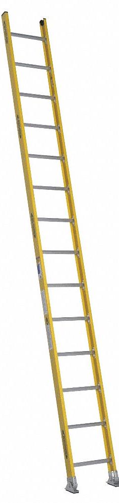 WERNER Straight Ladder: 14 ft Ladder Size, Fiberglass, 375 lb Load Capacity, 32 lb Wt, 14 Rungs (MPN 7114-1). Key specifications — Color: Yellow; Brand: WERNER; Included Features: Mar-Resistant End Caps; Shoe Type: Slip-Resistant.