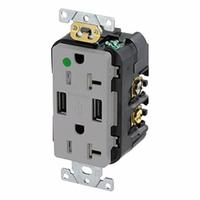 USB Receptacle: Duplex, 5-20R, 2 USB Ports, USB Type A, Gray, 125V AC, 20 A (MPN T5832-HGG). Key specifications — Brand: LEVITON.