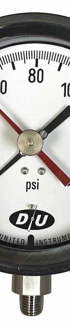 DURO Industrial Pressure Gauge: 0 psi to 400 psi, White, 4 1/2 in Dial, 1/4 in NPT Male, Bottom, 20 (MPN 42070913-MAXHAND). Key specifications — Brand: DURO; Pointer Color: Black; Accuracy: ±0.5%; Dial Color: White; Gauge Wetted Parts: Stainless Steel; Case Material: Stainless Steel; Vibration Resistance Properties: None; Pressure Range: 0 psi to 400 psi.