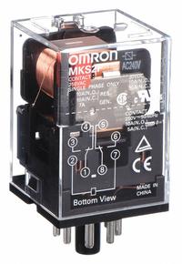 OMRON General Purpose Relay: Socket Mounted, 10 A Current Rating, 240V AC, DPDT, 8 Pins/Terminals (MPN MKS2PAC240). Key specifications — Brand: OMRON; Base Type: Octal; Mounting Style: Plug-In; Pin Shape: Round; Electrical Connection: Plug-In; Manufacturer Part Number: MKS2PAC240; Operating Current: 10 A at 30V DC (Resistive Load); Series: MK-S Series.