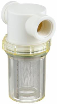 RON-VIK Inline Strainer: Nylon, 3/4 in, NPT, Mesh, 0.0117 in Screen Size, 100 psi Max. Op Pressure (MPN 5733390). Key specifications — Screen Material: 304 Stainless Steel; Bowl Color: Clear; Material: Nylon; Brand: RON-VIK; Seal Material: Fluoroelastomer; Color: White.