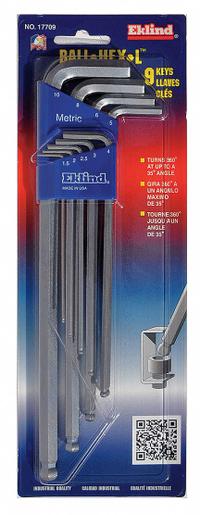EKLIND Hex Key Set: 6 - 10 Pieces, Bright-Ball-Hex-L Extra Long, L, Metric, Single Ball End, Holder (MPN 17709). Key specifications — attr1205553: Not Tether Capable; attr1205554: EKLIND; attr1205568: Bright; attr1293176: 6 - 10 Pieces.