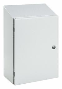 HOFFMAN Sloped Top Enclosure: Steel, 20 in x 20 in x 8 in, NEMA 12/13/4, Solid Cover, Hinged, Sloped (MPN CSD20208ST). Key specifications — Closure Method: 1/4-Turn Latch; Brand: HOFFMAN; Knockouts: Not Included.