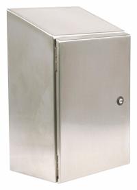 WIEGMANN Sloped Top Enclosure: 304 Stainless Steel, 48 in x 36 in x 16 in, NEMA 12/13/3R/4/4X (MPN N412483616CSSST). Key specifications — Brand: WIEGMANN; Closure Method: 1/4-Turn Latch; Enclosure Material: 304 Stainless Steel; Knockouts: Not Included.