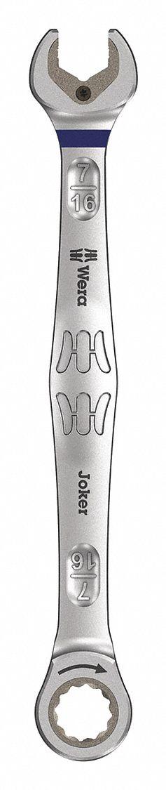 WERA Combination Wrench: Alloy Steel, Nickel Chrome, 7/16 in Head Size, 6 1/2 in Overall Lg (MPN 05073282001). Key specifications — attr309600: 7/16 in; attr309611: Nickel Chrome; attr309610: Alloy Steel; attr309604: Yes; attr309612: No; attr309613: No; attr309615: No; attr324932: WERA.
