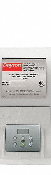 DAYTON Bench Grinder: Variable Speed, 1 1/2 hp, 10 in Max Wheel Dia, 900 RPM to 2,400 RPM, 115/240V (MPN 48WE51). Key specifications — attr1086422: DAYTON.