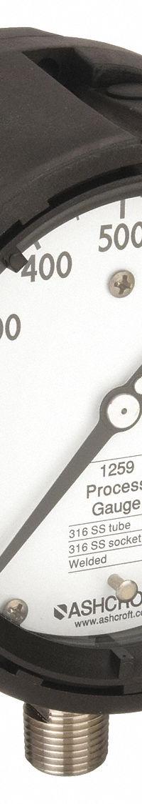 ASHCROFT Process Pressure Gauge: 0 psi to 1,000 psi, White, 4 1/2 in Dial, 1/2 in NPT Male, Bottom (MPN 451259SD04L1000#). Key specifications — Brand: ASHCROFT; Pointer Color: Black; Accuracy: ±0.5%; Dial Color: White; Gauge Wetted Parts: Stainless Steel; Case Material: PBT; Vibration Resistance Properties: None; Pressure Range: 0 psi to 1,000 psi.