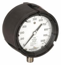 ASHCROFT Process Pressure Gauge: 0 psi to 1,000 psi, White, 4 1/2 in Dial, 1/2 in NPT Male, Bottom (MPN 451259SD04L1000#). Key specifications — Brand: ASHCROFT; Pointer Color: Black; Accuracy: ±0.5%; Dial Color: White; Gauge Wetted Parts: Stainless Steel; Case Material: PBT; Vibration Resistance Properties: None; Pressure Range: 0 psi to 1,000 psi.