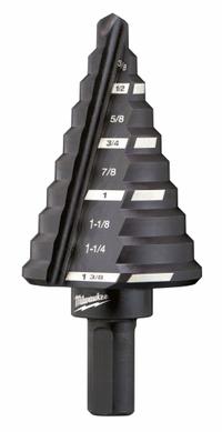 MILWAUKEE Step Drill Bit: 1/4" to 1-3/8", Black Oxide HSS, 3-Flats Shank (MPN 48-89-9205). Key specifications — attr1234936: Not Impact Rated.