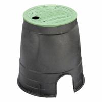 NDS Meter Box: Polyolefin, Round, 9 in Overall Ht, 6 in Dia, 2 3/4 in x 2 1/4 in Pipe Size, Black (MPN D109-GSLVTG). Key specifications — Brand: NDS; Material: Polyolefin; Color: Black.