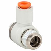 SMC Speed Control Valve: Elbow Fitting, Screw, 1/4 in/1/8 in Valve Body Size, 3/16 in Tube, Meter In (MPN AS2211F-N02-05S). Key specifications — attr947203: Brass/PBT; attr947205: SMC.