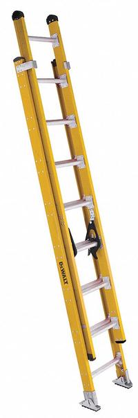 DEWALT Extension Ladder: 16 ft Ladder Size, Fiberglass, 375 lb Load Capacity, 43 lb Wt, 2 Sections (MPN DXL3420-16PG). Key specifications — Color: Yellow; Brand: DEWALT; Included Features: Mar-Resistant End Caps; Removable Fly: Fixed.