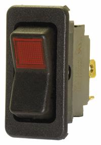 EATON Lighted Rocker Switch: 2 Positions, SPST, Off/Momentary On, Red (MPN 8005K35N313V22). Key specifications — AC Contact Rating: 15 A @ 125 V; DC Contact Rating: 15 A @ 28 V; Horsepower: 3/4 hp @ 250 V; Operator Illumination: Illuminated; Switch Color: Black; Terminal Connection Type: 1/4 in Spade; Includes Lamp Module: Lamp Module Included; Includes Lens: Lens Included.