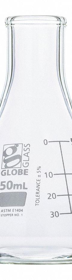 GLOBE SCIENTIFIC Erlenmeyer Flask: 50 mL, Colorless, Conical, A, 1 Compatible with Stopper Size (MPN 8400050). Key specifications — Shape: Conical; Body Color: Colorless; Brand: GLOBE SCIENTIFIC; Compatible with Stopper Size: 1; USP Specification: Type I.
