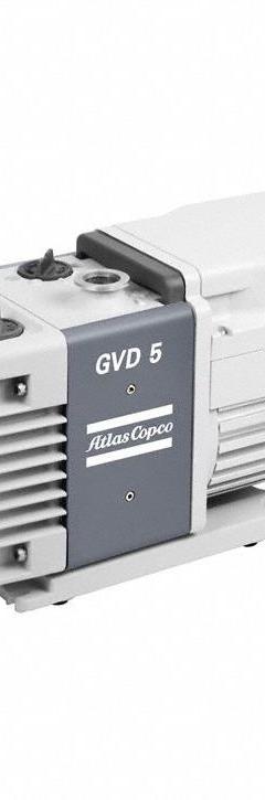 ATLAS COPCO Vacuum Pump: 0.6 hp, 1 Phase, 110/120V AC, 3.7 cfm Free Air Displacement (MPN GVD5 110-120V/1Ph/50/60Hz). Key specifications — attr51477: GVD5 110-120V/1Ph/50/60Hz; attr51480: ATLAS COPCO; attr51504: Flange; attr51550: 110/120V AC; attr51554: Flange; attr51559: 1.