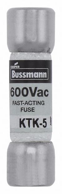 BUSSMANN Fuse: KTK Series, Midget, Fast-Acting, 5 A, 600 V AC, 13/32 in x 1 1/2 in, Non-Indicating (MPN KTK-5). Key specifications — attr1287209: KTK; attr211192: BUSSMANN.