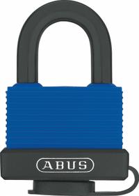 ABUS Padlock: Brass, Unfinished, Blue, Std Shackle, Stainless Steel, 1 5/64 in Vert Clearance (MPN 70IB/50 MK KD). Key specifications — Series: Waterproof Brass 70; Master Key Code: 65402; Master Key Included: No; Brand: ABUS.