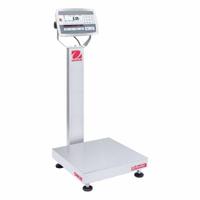OHAUS Industrial Bench Scale: 18 in x 18 in, IP67/IP68, Column-Mounted, Stainless Steel (MPN D52XW50RQL2). Key specifications — Connection Ports: 2 In/4 Out Discrete I/O; Readability: 0.005 lb/2 g; Brand: OHAUS; Weighing Surface Material: Stainless Steel.