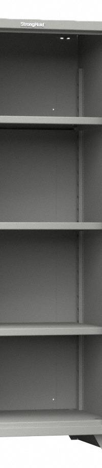 STRONG HOLD Storage Cabinet: 30 in x 24 in x 75 in, Swing Handle & Padlock Hasp, 14 ga Panel Thick (MPN 2.66-1D-243-L). Key specifications — attr62698: Medium Gray; attr62736: Welded; attr87895: Legs; attr62693: Assembled; attr62694: (3) Adjustable; attr62695: Painted; attr62696: Steel; attr62689: STRONG HOLD.