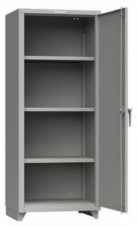 STRONG HOLD Storage Cabinet: 30 in x 24 in x 75 in, Swing Handle & Padlock Hasp, 14 ga Panel Thick (MPN 2.66-1D-243-L). Key specifications — attr62698: Medium Gray; attr62736: Welded; attr87895: Legs; attr62693: Assembled; attr62694: (3) Adjustable; attr62695: Painted; attr62696: Steel; attr62689: STRONG HOLD.