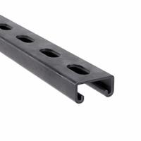 Strut Channel - Slotted: Steel, Pre-Galvanized, 12 ga Gauge, Slotted Holes, Single Strut Channel (MPN PV0000B52SH). Key specifications — Material: Steel; Color: Black; Finish: Pre-Galvanized; Hole Size: 9/16 in x 1-1/8 in; Hole Spacing: 2 in Center to Center; Slot Type: Slotted; Brand: CALBOND.