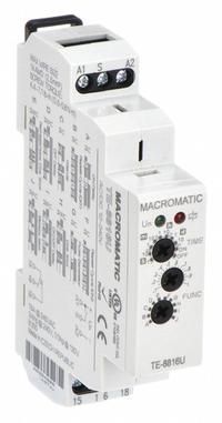 MACROMATIC Multi-Function Time Delay Relay: DIN-Rail Mounted, 12 to 240V AC/DC, 15 A (MPN TE-8816U). Key specifications — Delay Function: Multi Function; Input Voltage: 12 to 240V AC/DC; Brand: MACROMATIC.