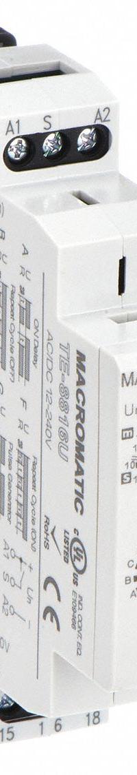 MACROMATIC Multi-Function Time Delay Relay: DIN-Rail Mounted, 12 to 240V AC/DC, 15 A (MPN TE-8816U). Key specifications — Delay Function: Multi Function; Input Voltage: 12 to 240V AC/DC; Brand: MACROMATIC.
