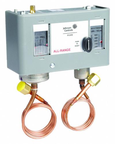 JOHNSON CONTROLS Dual Pressure Control: SPST, 20 in Hg to 100 psi Low Side, 100 psi to 500 psi High Side - Dual Pressure Controls