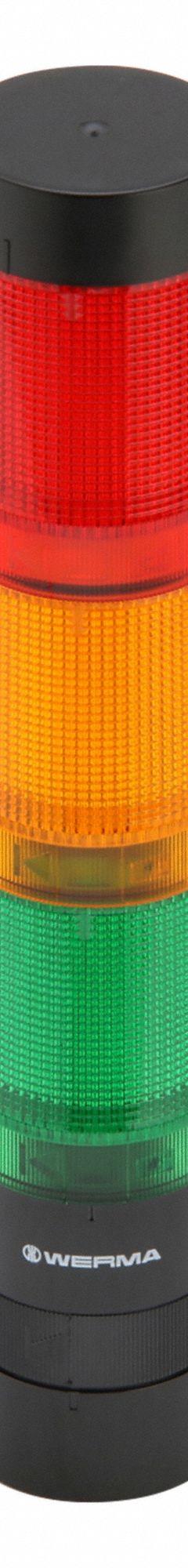 WERMA Tower Light Assembly: 3 Tier, Green/Red/Yellow, No Sounder Tier, 215 mm Overall Ht, 63930001. Key specifications — Manufacturer Part Number: 63930001; Brand: WERMA; Operating Voltage: 24V AC/DC; Light Tier Color: Yellow.