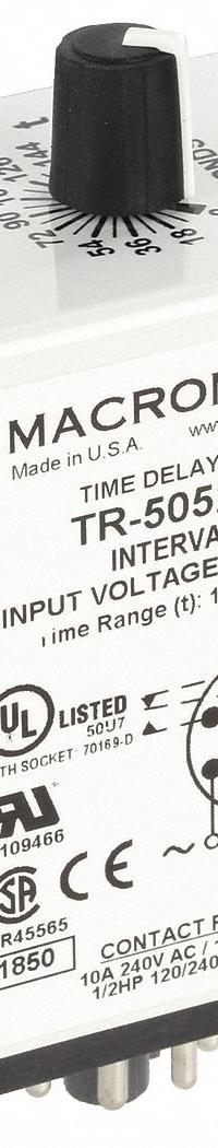 MACROMATIC Single Function Time Delay Relay: Socket Mounted, 120V AC/DC, 10 A, 8 Pins/Terminals (MPN TR-50522-10). Key specifications — Brand: MACROMATIC.