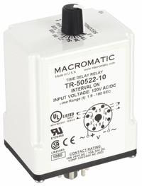 MACROMATIC Single Function Time Delay Relay: Socket Mounted, 120V AC/DC, 10 A, 8 Pins/Terminals (MPN TR-50522-10). Key specifications — Brand: MACROMATIC.