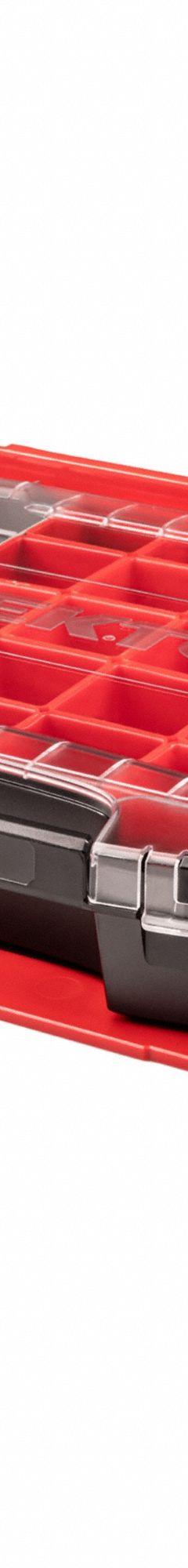 TEKTON Lidded Drawer: 17 1/2 in W 13 1/2 in D 4 in H, Plastic, Gray/Red, Hinged Lid, 26 Compartments (MPN OLB94024). Key specifications — attr1116905: Red; attr1116917: Hinged; attr1116946: TEKTON.
