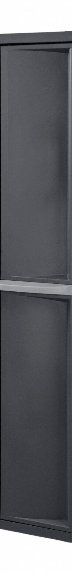 Storage Cabinet: 13 cu ft, Gray, 24 3/4 in L x 13 3/8 in D x 68 1/2 in H, Vertical, Shelves (MPN 01423V01). Key specifications — Brand: STERILITE; Product Type: Outdoor Storage Shed; Orientation: Vertical; Material: Polypropylene; Resistance Properties: Corrosion Resistant; Assembled: Unassembled; Lockable: Yes; Pattern: None.