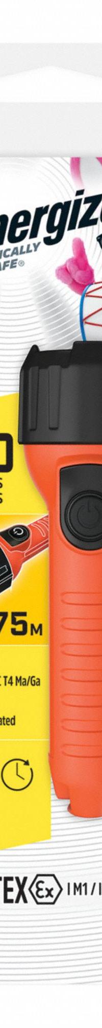 ENERGIZER Safety-Rated Flashlight: 150 lm, 12 hr Run Time at Max Brightness, 175 m Max Beam, Orange (MPN ENISHH21E). Key specifications — Brand: ENERGIZER; Battery Requirements - Broad: Requires 2 AA.