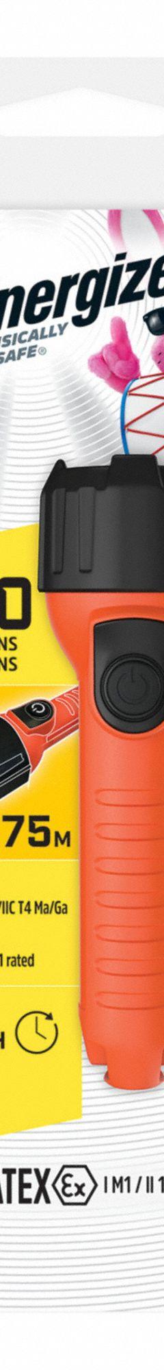 ENERGIZER Safety-Rated Flashlight: 150 lm, 12 hr Run Time at Max Brightness, 175 m Max Beam, Orange (MPN ENISHH21E). Key specifications — Brand: ENERGIZER; Battery Requirements - Broad: Requires 2 AA.