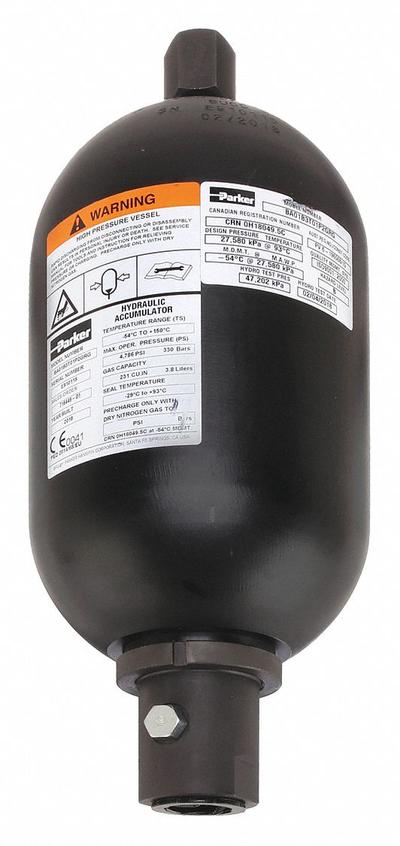 Parker Bladder Accumulator: 231 cu in Fluid Volume, 222 cu in, 3,000 psi Max. Pressure - Bladder Accumulators